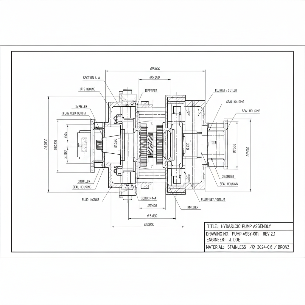 Technische Werkszeichnung: Pumpen-Baugruppe nach DIN-Standard